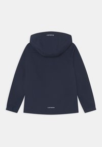 Navy blue hooded jacket with long sleeves, elastic cuffs, and brand logo printed on the back near the hood and hem.