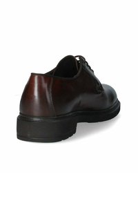 Scarpa da dress in pelle marrone con punta arrotondata, design con lacci, superficie liscia e suola spessa in gomma nera. La vista posteriore mostra cuciture minime.