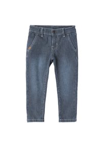 Pantalones de mezclilla azul a rayas con un diseño ajustado, bolsillos frontales y cierre de botón. Presenta costuras visibles y un detalle de etiqueta.
