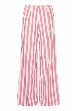 Pantaloni a gamba larga a righe rosa e bianche, realizzati in tessuto leggero con una comoda vita elastica e un taglio lungo fino al pavimento.