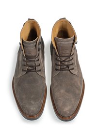 Bottes de cheville en daim brun avec une texture lisse, bout rond, doublure en cuir tan contrastée et lacets bruns. Couture mise en avant et détail du logo.