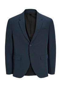Blazer bleu marine pour homme avec revers crantés, fermeture à deux boutons, poches à rabat et doublure intérieure noire, présenté de face.