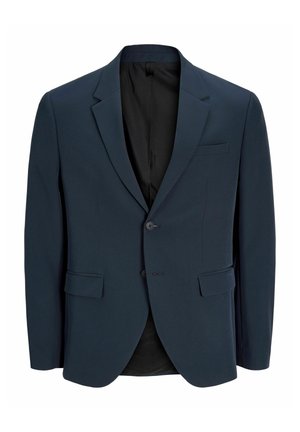 Blazer bleu marine pour homme avec revers crantés, fermeture à deux boutons, poches à rabat et doublure intérieure noire, présenté de face.