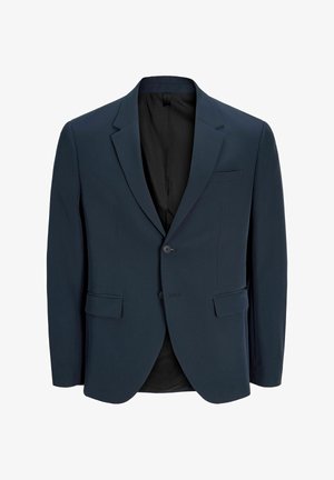 Blazer bleu marine pour homme avec revers crantés, fermeture à deux boutons, poches à rabat et doublure intérieure noire, présenté de face.