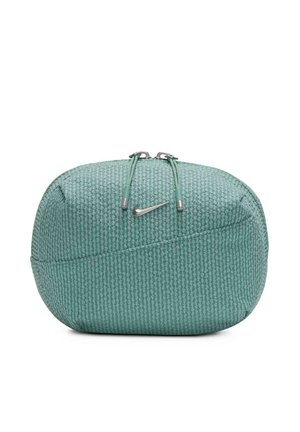 Pochette rectangulaire vert menthe en matériau texturé, dotée d'une fermeture éclair avec quincaillerie en argent et d'un petit logo Nike.