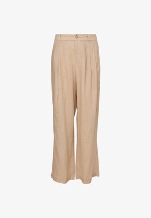 Pantalon beige en lin taille haute avec fermeture par boutons, passants pour ceinture, plis à l'avant et coupe à jambes larges.