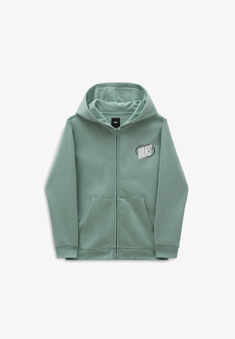 Veste à capuche zippée intégralement de couleur vert clair, avec poches avant et logo Vans "Off The Wall" sur le côté gauche de la poitrine, dotée d'une capuche et de manches longues.