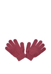 Red knit gloves with a smooth texture, featuring five finger openings and ribbed wrist cuffs.
