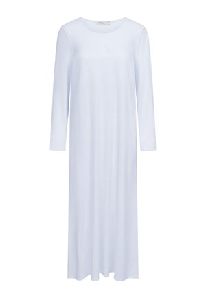 Long-sleeve, light blue dress made of soft fabric. Features a round neckline and a subtle logo detail on the chest.