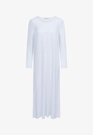 Langärmliges, hellblaues Kleid aus weichem Stoff. Verfügt über einen Rundhalsausschnitt und ein dezentes Logodetail auf der Brust.