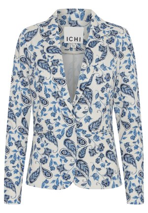 Witte blazer met blauw paisley bloemenpatroon, met gesneden revers, twee voorkruiszakken en enkele knoopsluiting. Glad stoftextuur.