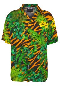 Kurzärmliges Shirt mit einem auffälligen Tigermuster in Orange und Schwarz, überlagert von grünen Palmblättern und gelben Blumen.