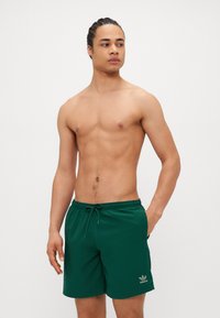 Costume de baie verde cu talie cu șnur, fabricat dintr-un material ușor, având un mic logo auriu Adidas în partea stângă jos.