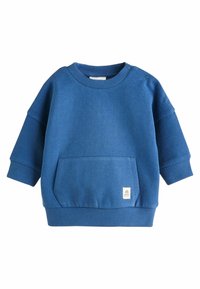 Blauwe sweatshirt van zacht materiaal, met een ronde hals, drop shoulders, ribgebreide manchetten en een voorzak met een klein logopatch.