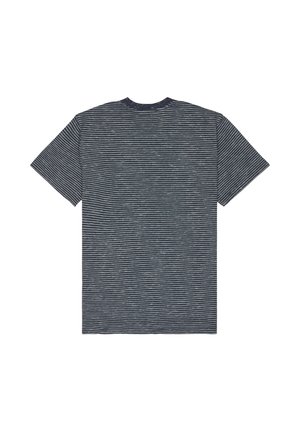 Granatowy krótki rękaw T-shirt z białymi poziomymi paskami, okrągłym dekoltem, bawełnianą tkaniną, luźnym krojem, bez widocznych logo ani zdobień.