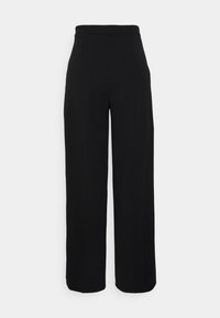 Pantalon noir taille haute à jambes larges avec passants de ceinture, poches latérales et finition en tissu lisse et sur mesure.