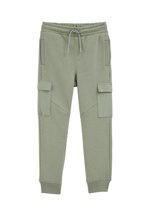 Hellgrüne Sweatpants aus weichem Stoff, ausgestattet mit zwei Seitentaschen und zwei Cargo-Taschen, elastischem Bund mit Kordelzug und gerippten Bündchen.