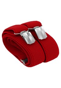 Rote elastische Hosenträger mit strukturiertem Gewebe, ausgestattet mit zwei metallischen Clips zur Befestigung, ordentlich aufgerollt zur Lagerung.