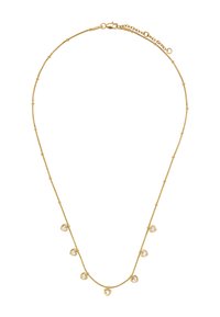 Złoty naszyjnik z delikatnym łańcuszkiem, ozdobiony małymi sercami, w których osadzone są przezroczyste kamienie, oraz z zapięciem z przedłużanym łańcuszkiem.