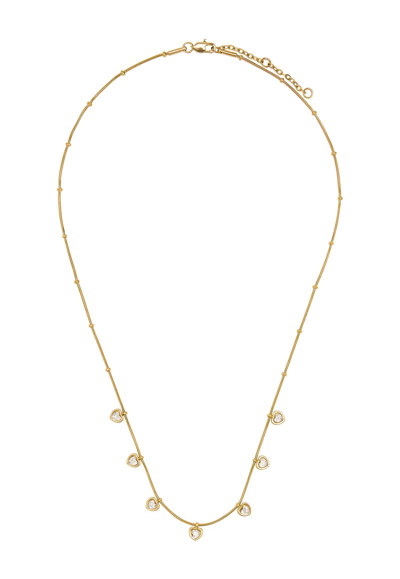 Złoty naszyjnik z delikatnym łańcuszkiem, ozdobiony małymi sercami, w których osadzone są przezroczyste kamienie, oraz z zapięciem z przedłużanym łańcuszkiem.
