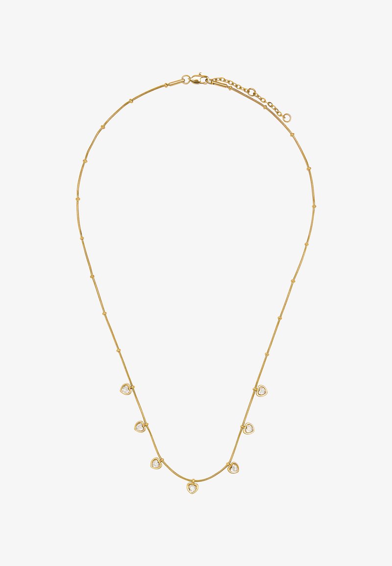 Złoty naszyjnik z delikatnym łańcuszkiem, ozdobiony małymi sercami, w których osadzone są przezroczyste kamienie, oraz z zapięciem z przedłużanym łańcuszkiem.