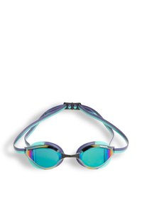 Zwembril met teal en paarse siliconen bandjes, gespiegeld blauwe lenzen en een slanke, gestroomlijnde vorm.