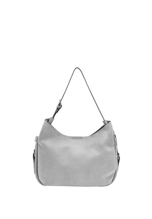 Szara torebka na ramię zamszowa z regulowanym paskiem i miękkim, zaokrąglonym prostokątnym kształtem, pokazana na białym tle.