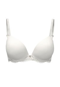 Weißer gepolsterter BH mit Spitzenbesatz, glattem Stoff, verstellbaren Trägern und einem kleinen dekorativen Akzent in der Mitte vorn.