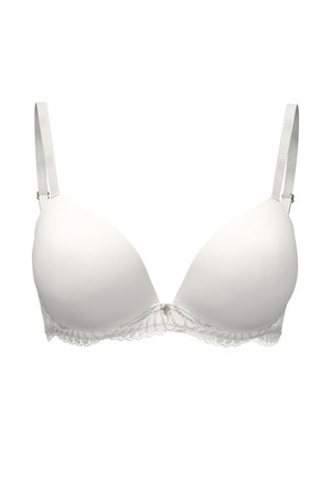Weißer gepolsterter BH mit Spitzenbesatz, glattem Stoff, verstellbaren Trägern und einem kleinen dekorativen Akzent in der Mitte vorn.