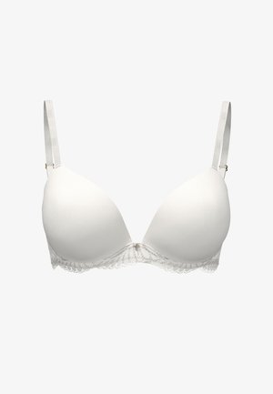 Witte gewatteerde beha met kanten rand, gladde stof, verstelbare bandjes en een klein decoratief accent aan de voorkant in het midden.