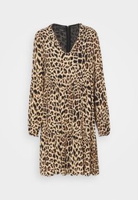 Robe à manches longues imprimé léopard avec col en V, taille froncée, jupe à étages et fermeture éclair au dos.