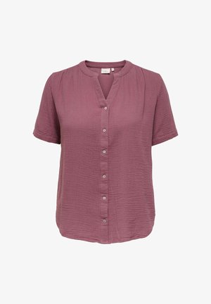 Bluză cu mânecă scurtă, cu nasturi, din țesătură texturată mov, cu decolteu rotund și pliuri subtile pe umeri.