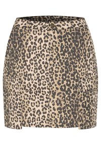 Leoparda raksta džinsa svārki ar pieguļošu formu, divām sānu kabatām un pogu aizdari, bēša un melnā tonī.