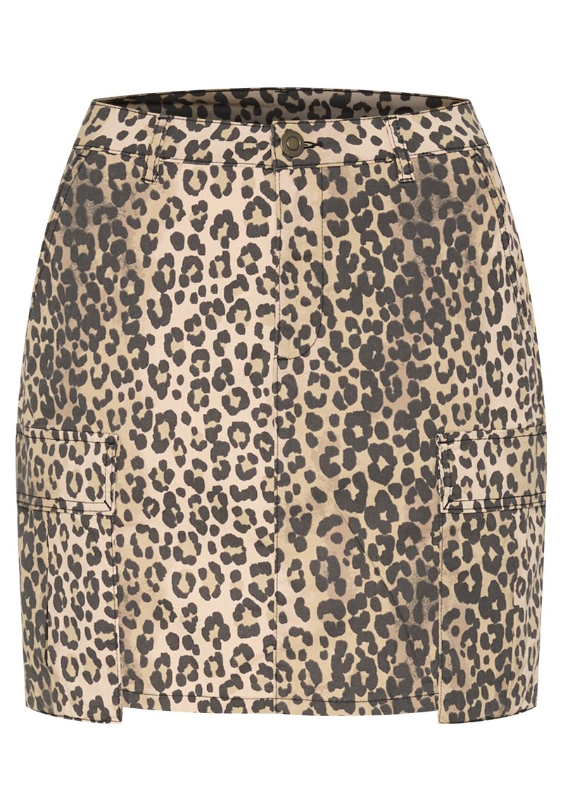 Leoparda raksta džinsa svārki ar pieguļošu formu, divām sānu kabatām un pogu aizdari, bēša un melnā tonī.