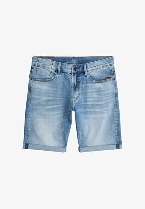 Blå denimshorts med opkørte kanter, forreste knap og lynlås samt fem-lommer-design.