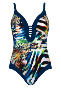 Eén stuk badpak met een diepe V-hals, kleurrijke dierenprint en blauwe accenten. Het ontwerp bevat een bandjesdetail op de borst.