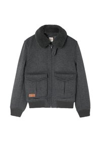 Giacca grigia in lana con colletto in pelliccia sintetica, zip frontale, due grandi tasche sul petto e polsini a costine. Presenta un'etichetta in pelle sul fondo.