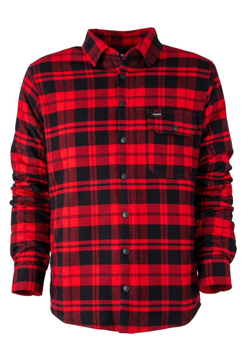 Camisa de franela a cuadros en rojo y negro con cierre de botones, mangas largas y un bolsillo en el pecho. La tela parece suave y texturizada.