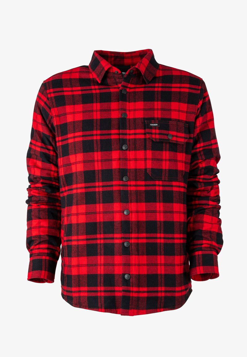Rood en zwart geruite flanellen shirt met knoopsluiting, lange mouwen en een borstzak. De stof lijkt zacht en gestructureerd.