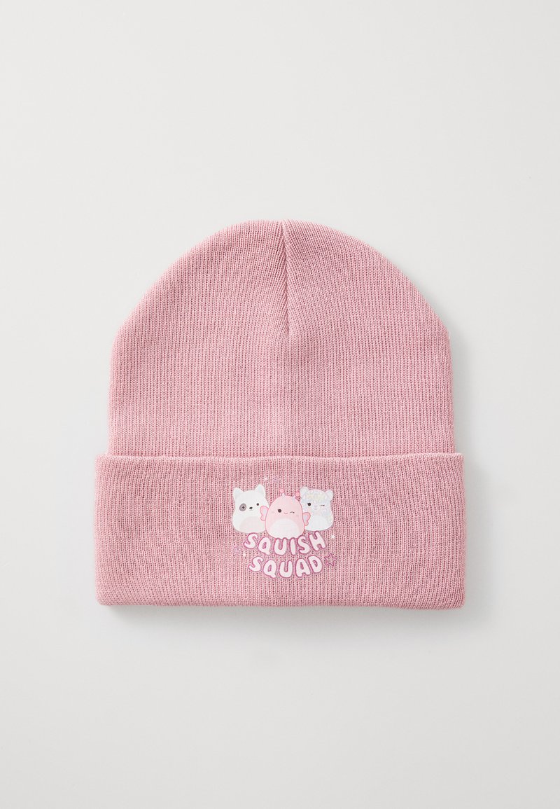 Rosa gestrickte Mütze mit umgeschlagenem Saum, die eine Grafik von drei Cartoon-Figuren und den Text "Squish Squad" in einer verspielten Schriftart zeigt.