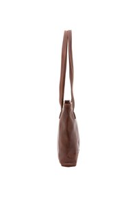 Borsa tote in pelle marrone con texture liscia, lunghe tracolle e design minimalista. Include cuciture a contrasto lungo i bordi.
