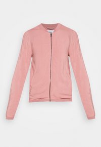 Giacca bomber rosa chiaro, realizzata in tessuto liscio, con zip frontale, scollo rotondo e maniche lunghe. Senza tasche o motivi visibili.