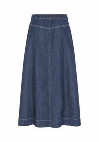 Denim midi krilo z elastičnim pasom, temno modre barve, ravnega kroja in kontrastno belega šivanja vzdolž šivov in roba.