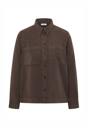 Brown long-sleeve button-up shirt with two chest pockets and a pointed collar, labeled "CECIL" inside the neckline.