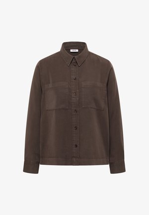 Brown long-sleeve button-up shirt with two chest pockets and a pointed collar, labeled "CECIL" inside the neckline.