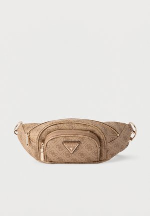 Brown Guess logo-patterned waist bag with two zippered compartments and adjustable strap with gold hardware.