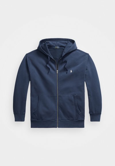 Mörkblå zip-up hoodie av mjukt tyg, med en känguruficka, dragsko i huvan och en liten logga på bröstet.