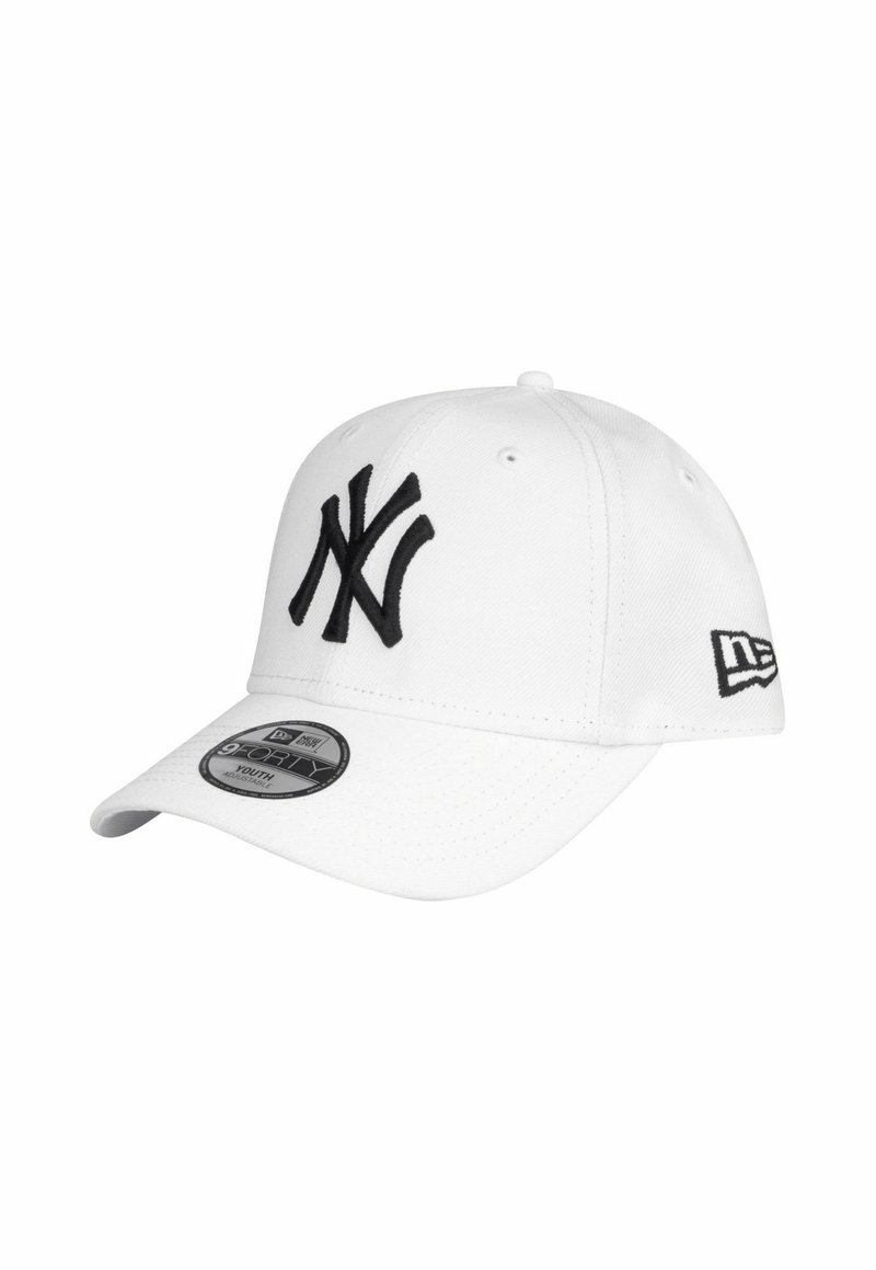 White adjustable youth baseball cap with black "NY" logo on front and New Era logo on side, curved brim, and 9FORTY sticker on top.