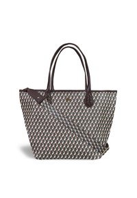 Geometric patterned tote bag in textured material, featuring brown leather handles and accents. Includes detachable shoulder strap.