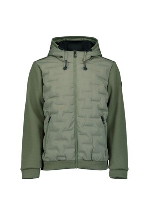 Grüne Pufferjacke mit einer strukturierten Kapuze und Ärmeln, ausgestattet mit einem Reißverschluss, Seitentaschen und einem gesteppten Design auf der Vorderseite.